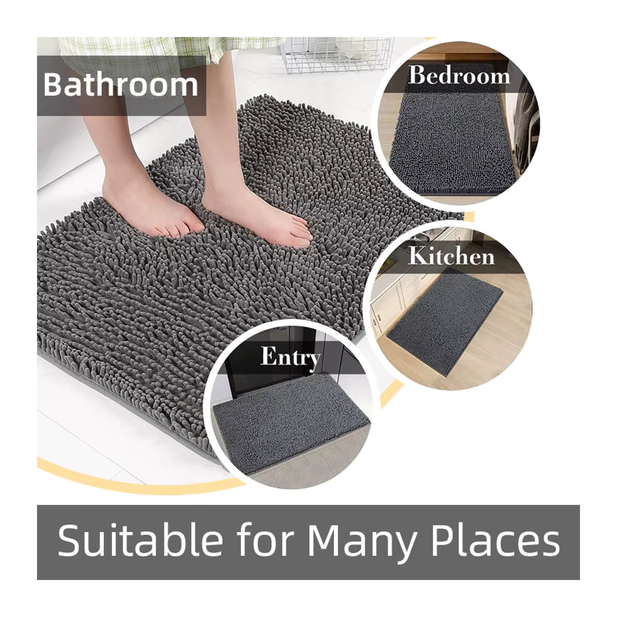 Rutschfester Chenille-Plüsch Badezimmerteppich von Jiji Hou in Beige oder Grau mit weichem Design und PVC-Rückseite - Bild 3