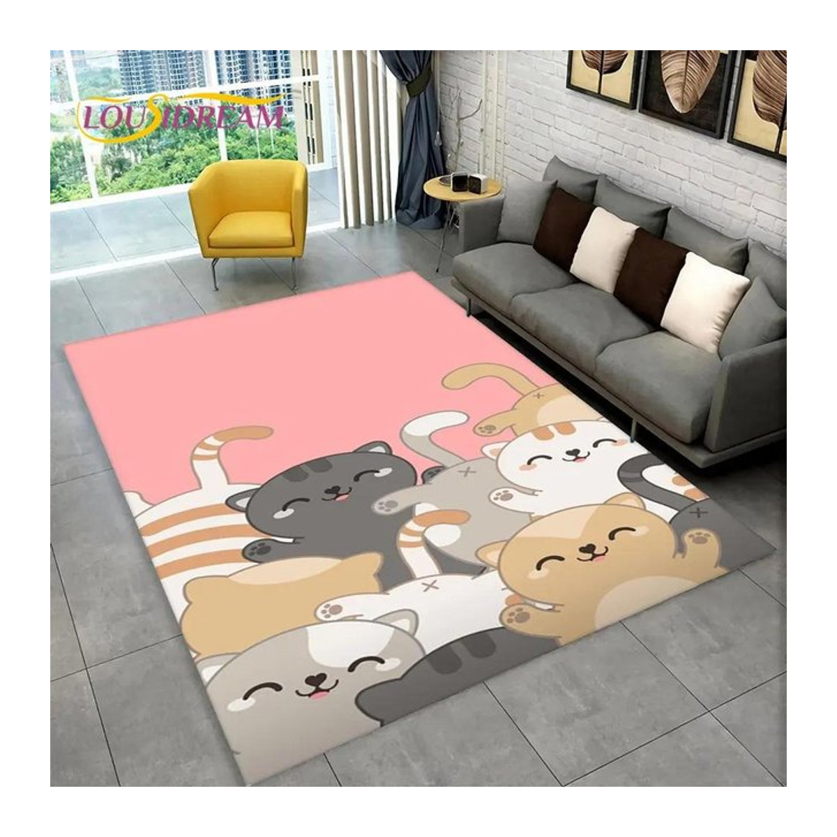 Rutschfester Katzen-Cartoon-Teppich in Rosa für Kinderzimmer und Wohnzimmer B: 120 cm, T: 100 cm - Bild 1