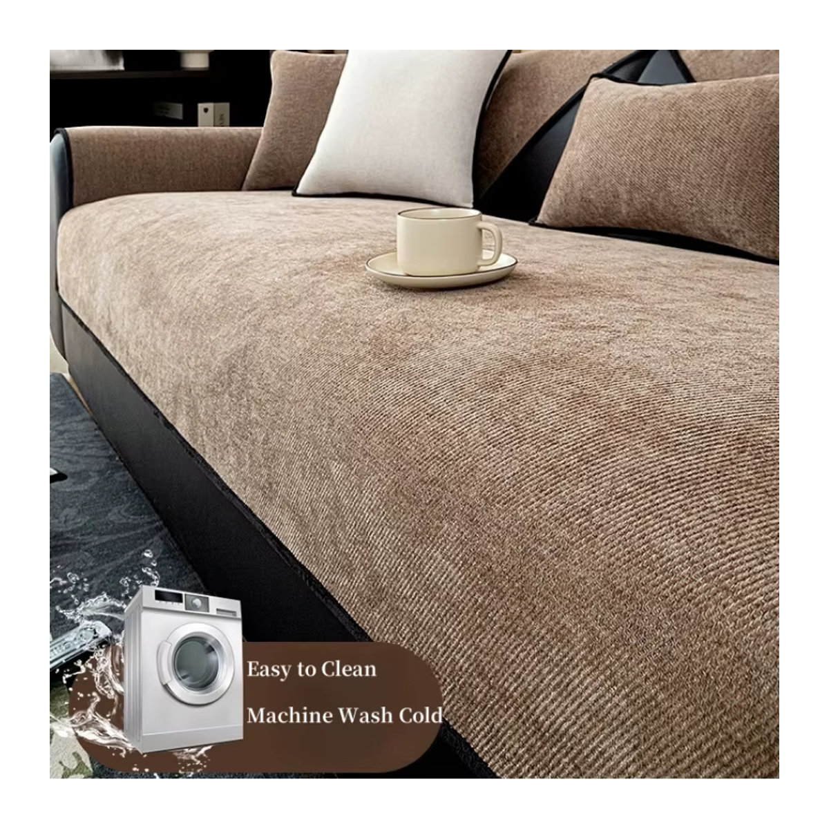 Rutschfester Sofabezug aus massivem Chenille-Twill als Couch-Schonbezug für dein Wohnzimmer in Beige und Braun - Bild 3
