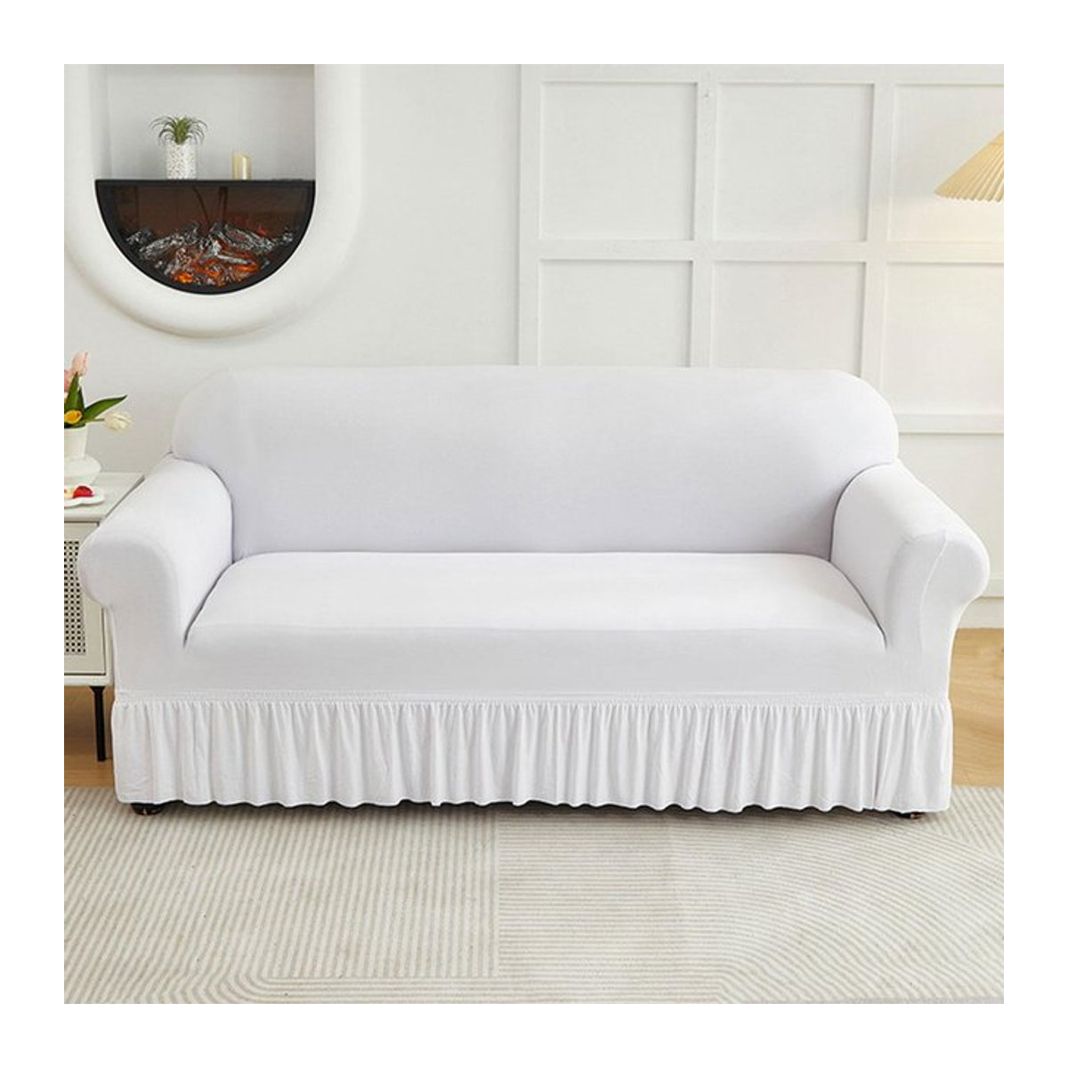 Rutschfester Sofabezug aus Milchseide Stretch mit Rock für 3-Sitzer Ecksofas, Farbe: Weiß - Bild 1