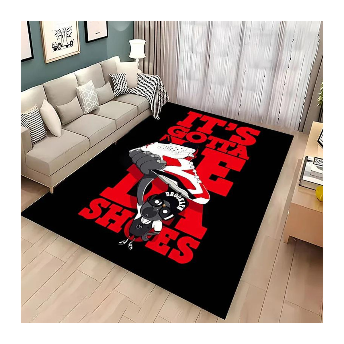 Rutschfester Teppich mit Basketballschuh-HD-Druck für Wohnzimmer und Flur, Schwarz, Breite: 60 cm, Länge: 90 cm - Bild 1