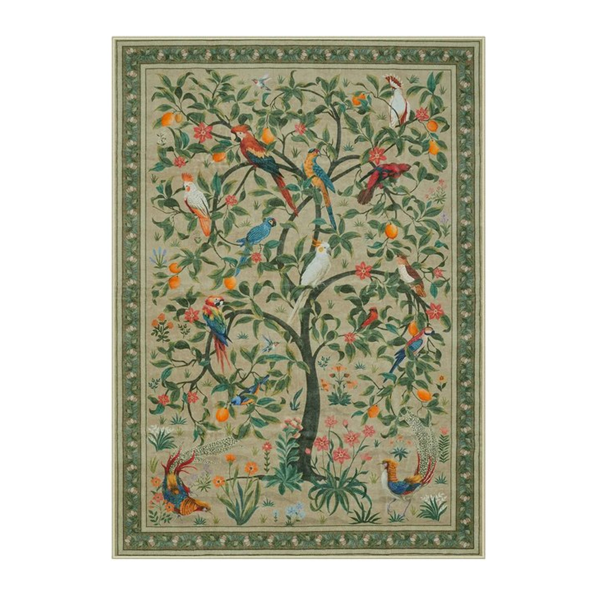 Rutschfester Teppich mit maximalistischem Dschungel-Vogel-Motiv in Olivgrün und Mehrfarbig - Bild 1