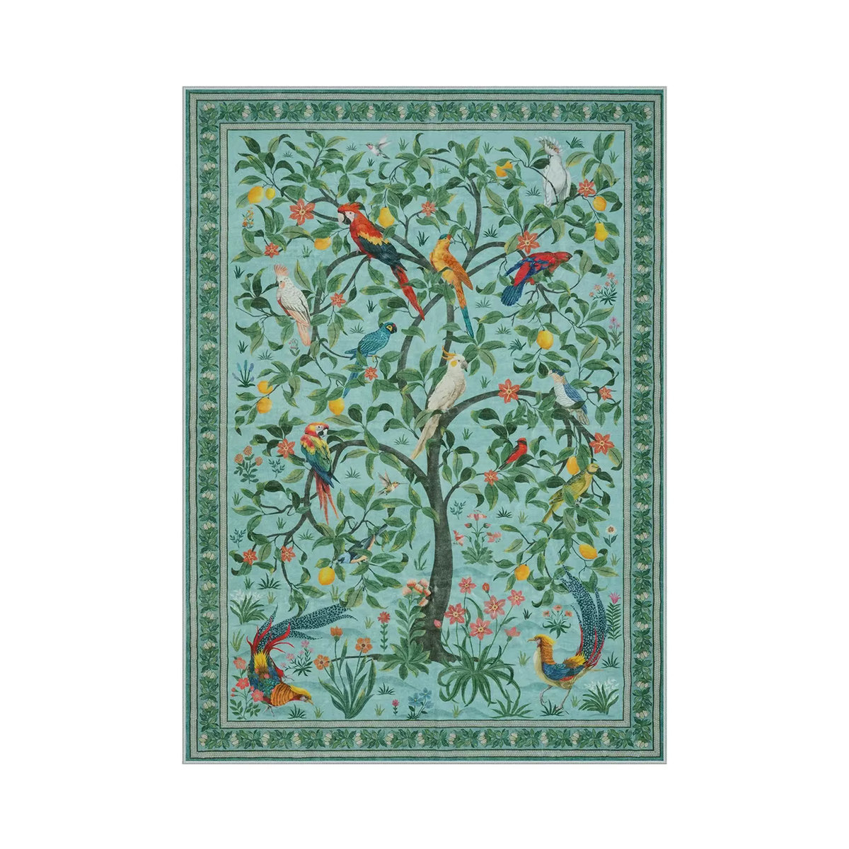 Rutschfester Teppich mit maximalistischem Dschungel-Vogel-Motiv in Olivgrün und Mehrfarbig - Bild 2