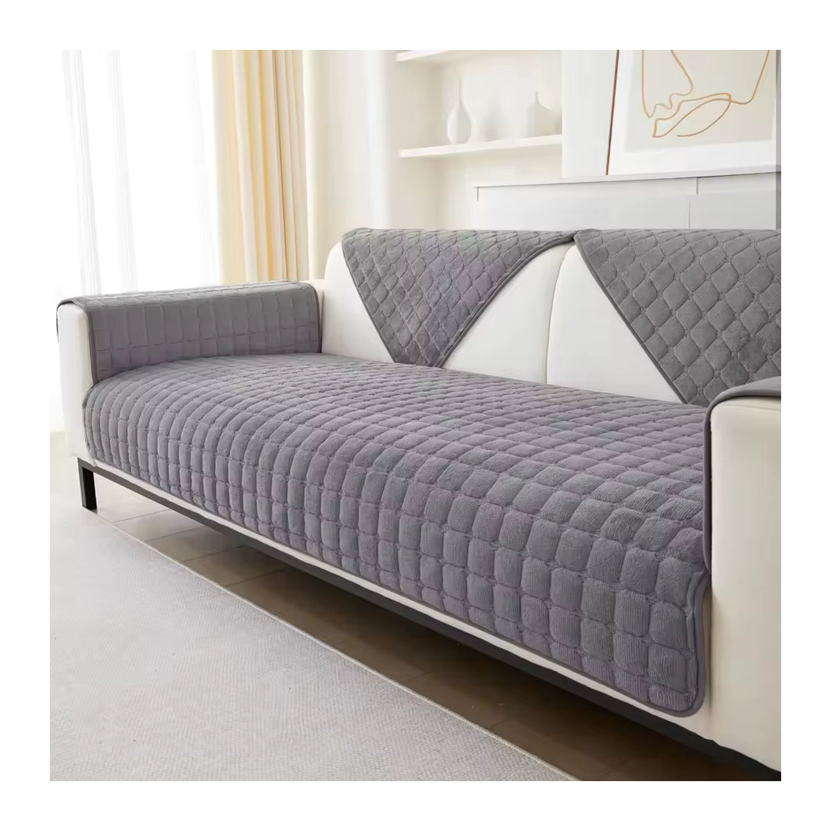 Rutschfester und verdickter Flanell-Sofabezug in Karo-Optik für dein Wohnzimmer, staubdicht und plüschig, erhältlich in Blau oder Grau - Bild 1