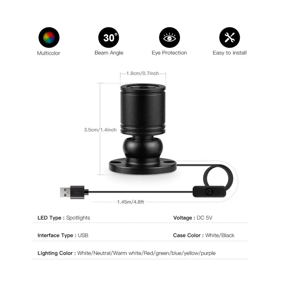 Rybakov LED-Mini-Spotlight aus Aluminium für Möbelbeleuchtung, Schwarz/Weiß - Bild 2