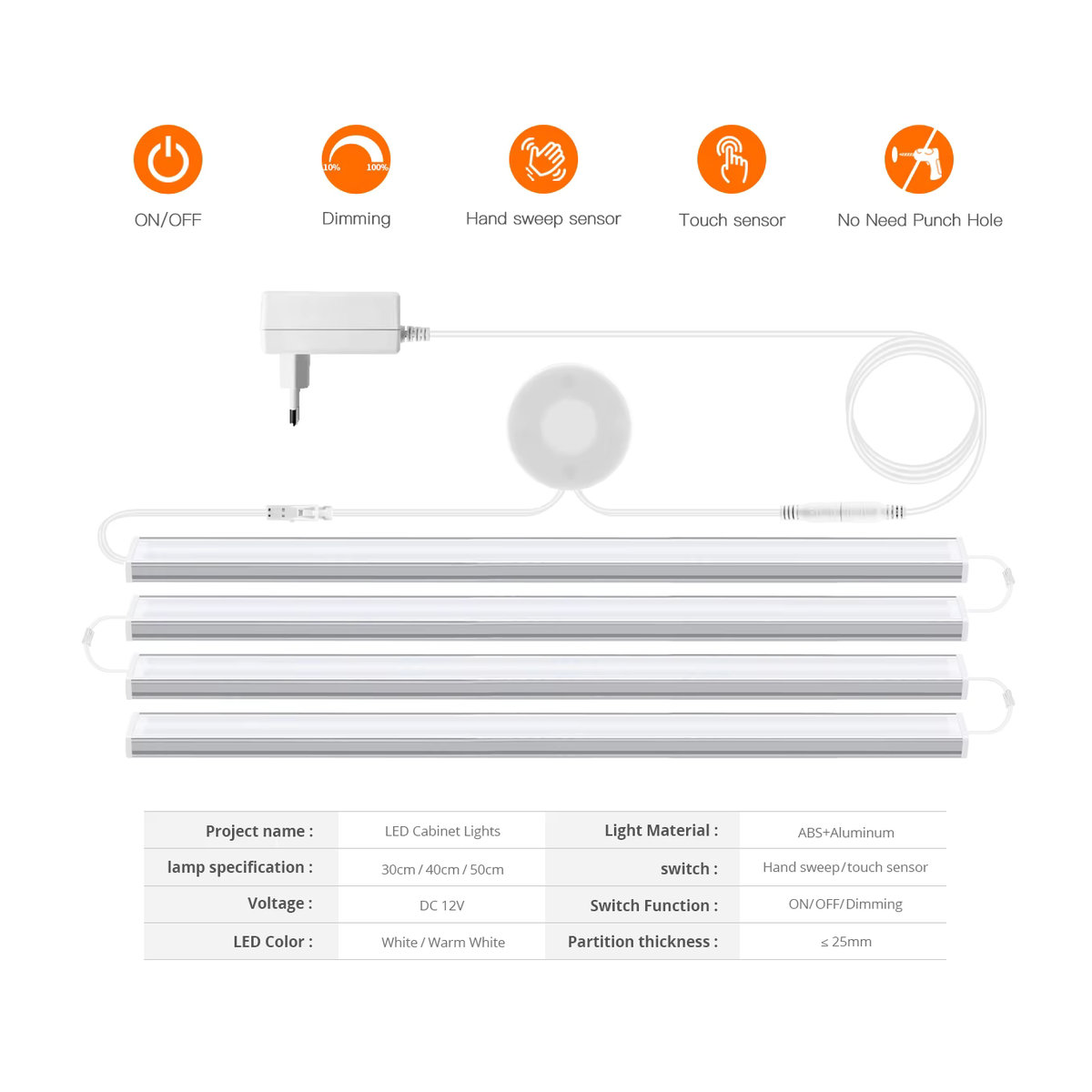 Rybakov LED Streifen Lichter mit Smart Sensor Schalter aus Aluminium in Weiß für Möbelbeleuchtung, Schrank und Küche, Länge: 30 cm, 40 cm oder 50 cm - Bild 3