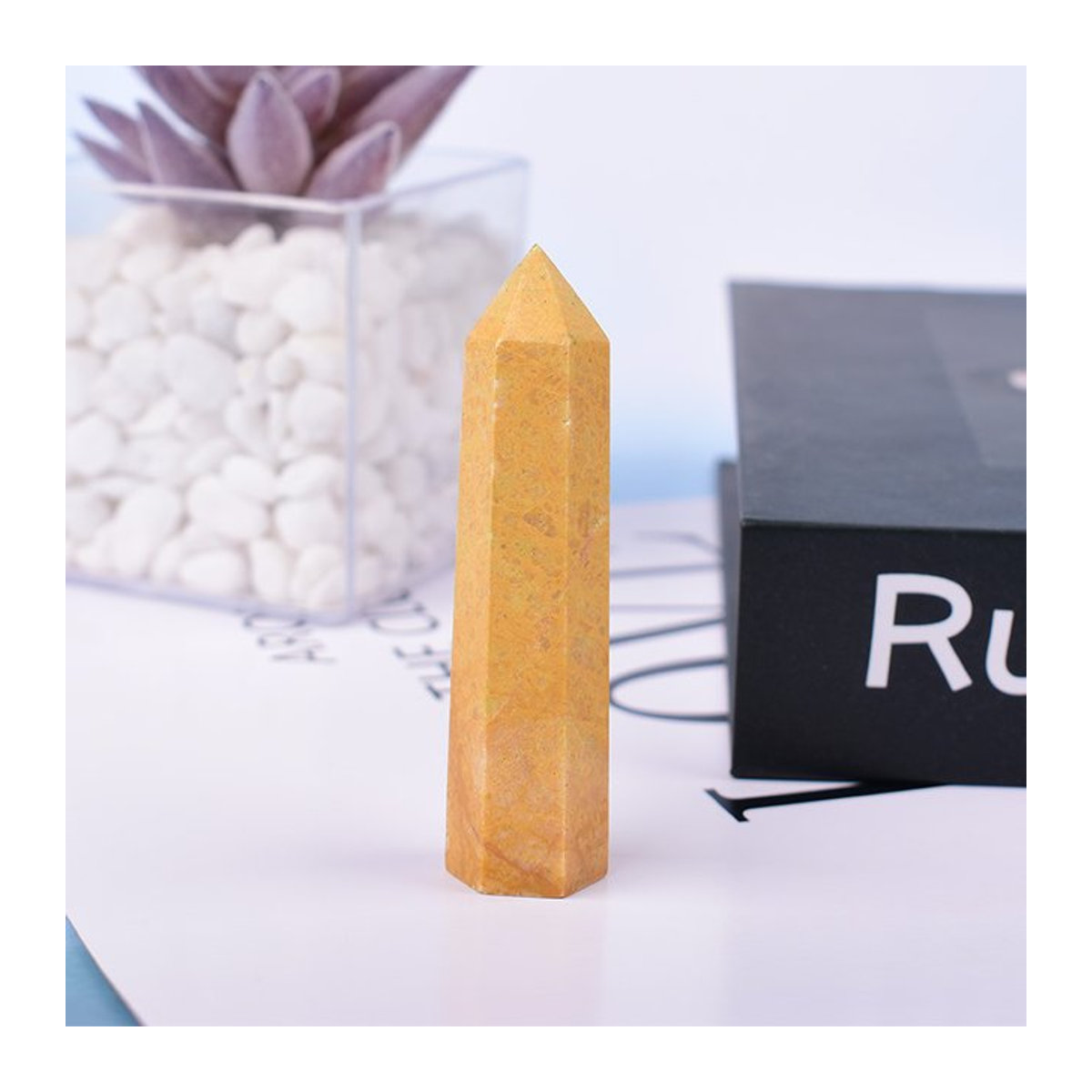 RYCRYSTAL Gelber Kristall Obelisk aus Naturstein, Polierter Sechseckiger Kristallpunkt zur Dekoration - Bild 1