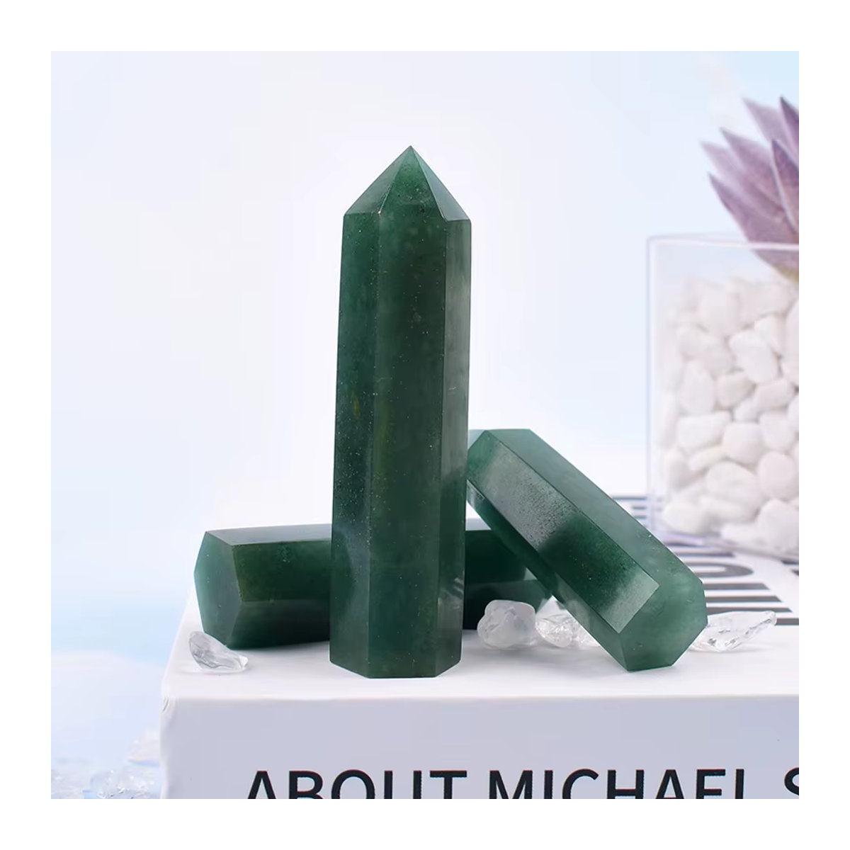 RYCRYSTAL Grüner Aventurin Obelisk aus natürlichem Kristall, sechseckiges Prisma als Heilstein zur Heimdekoration, Grün - Bild 4