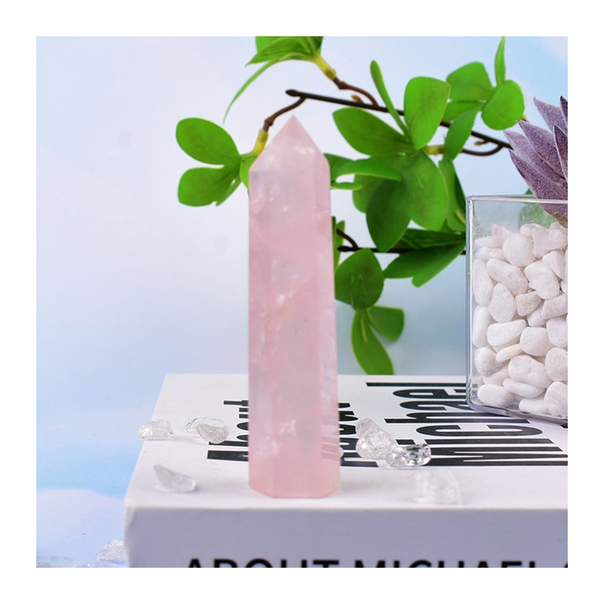RYCRYSTAL Natürlicher Rosenquarz Kristall Obelisk in Rosa, Polierter Sechseckiger Kristallpunkt zur Dekoration - Bild 1