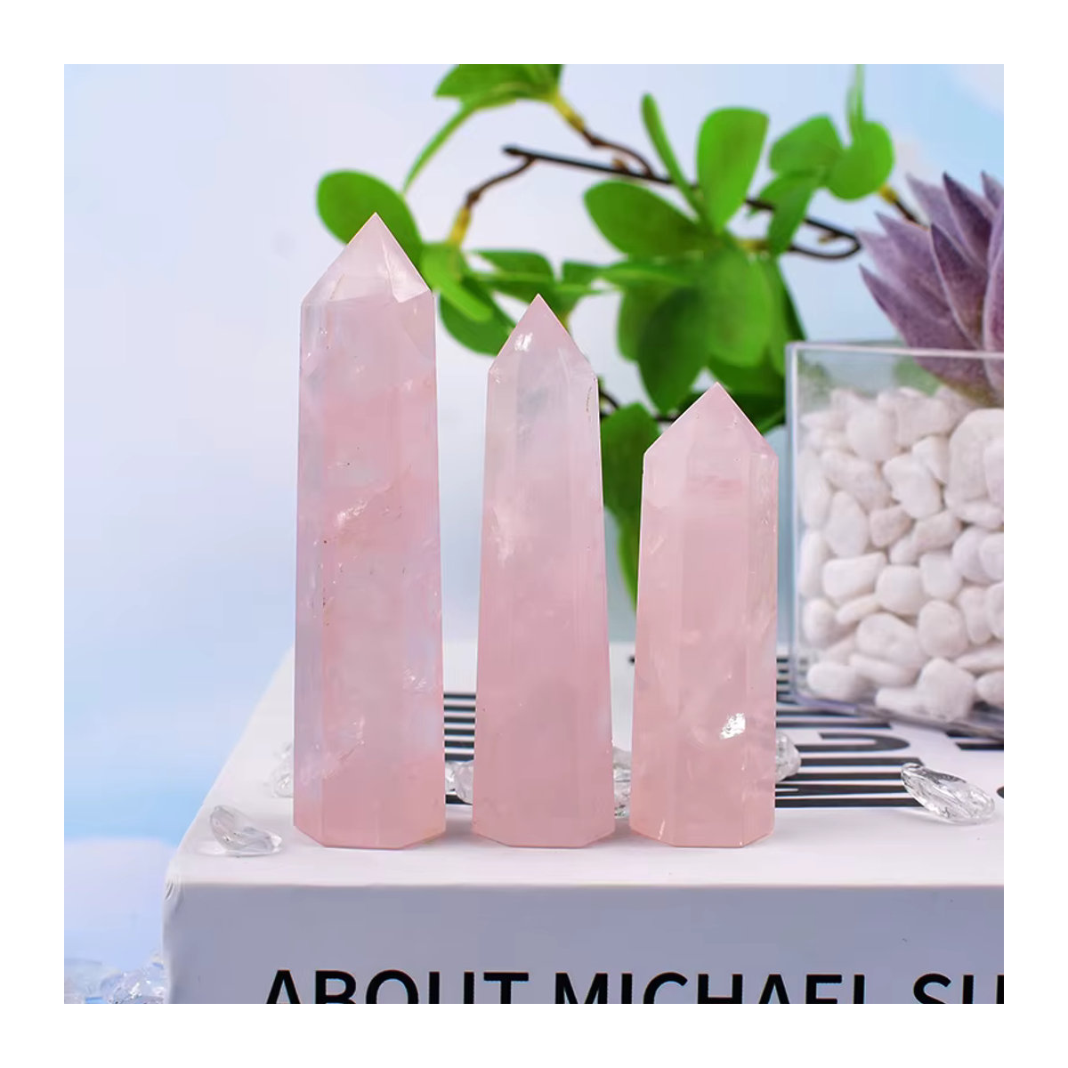 RYCRYSTAL Natürlicher Rosenquarz Kristall Obelisk in Rosa, Polierter Sechseckiger Kristallpunkt zur Dekoration - Bild 6