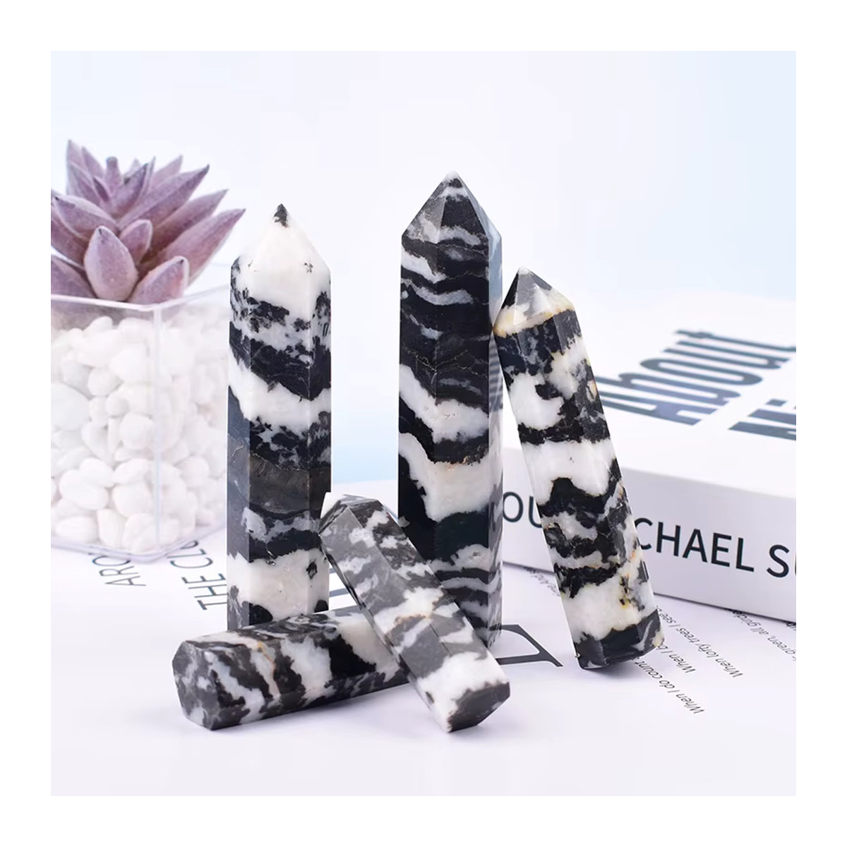 RYCRYSTAL Zebra-Stein Obelisk aus poliertem Quarz, schwarz-weiß gestreift, geometrische Dekoration für dein Zuhause - Bild 5