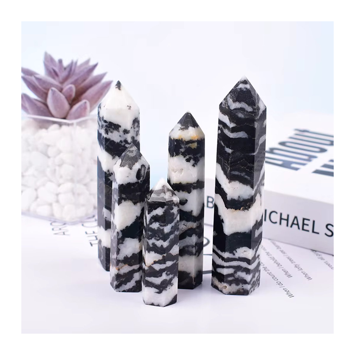 RYCRYSTAL Zebra-Stein Obelisk aus poliertem Quarz, schwarz-weiß gestreift, geometrische Dekoration für dein Zuhause - Bild 6