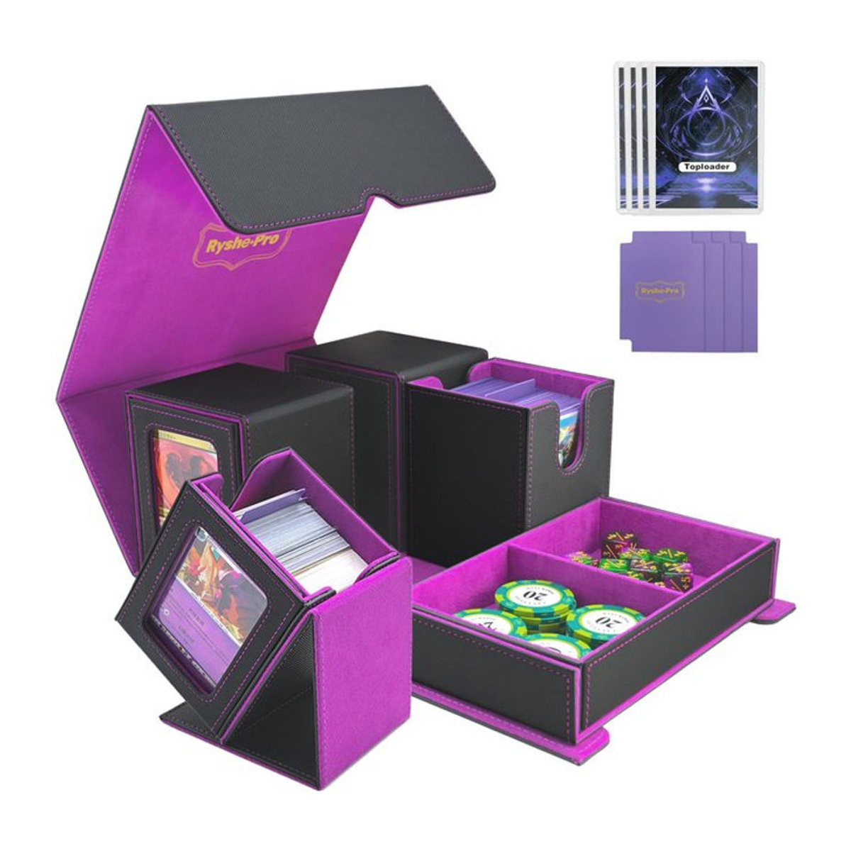 RyshePro 5-in-1 Sammelkarten-Aufbewahrungsbox für MTG TCG PKM in Rot und Bunt mit 4 Deck-Hüllen, geteiltem Würfeltablett und Toploader - Bild 1