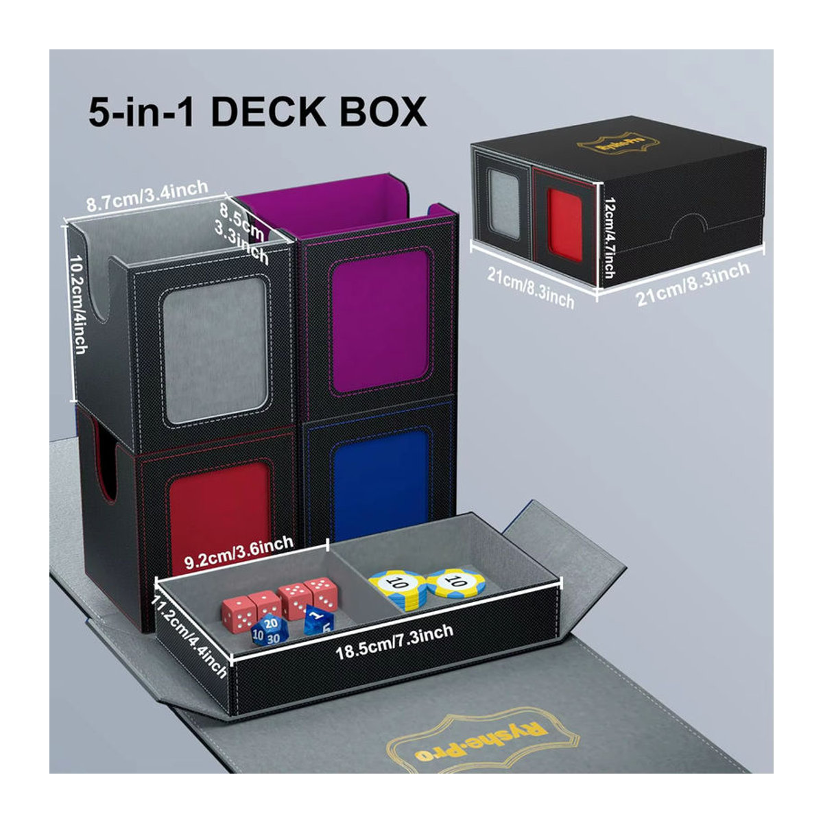 RyshePro 5-in-1 Sammelkarten-Aufbewahrungsbox für MTG TCG PKM in Rot und Bunt mit 4 Deck-Hüllen, geteiltem Würfeltablett und Toploader - Bild 5