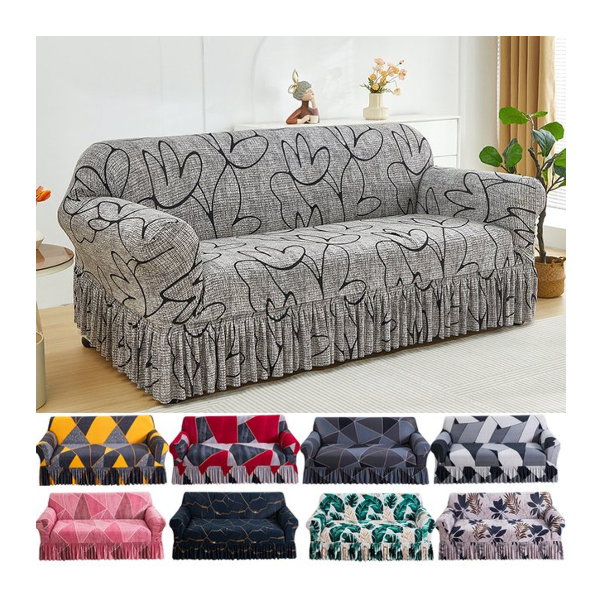 S-EMIGA Couchbezug mit Stretch-Blumenmuster in Grau, waschbarer Sofabezug als Möbelschutz für 1- bis 4-Sitzer, Ecksofas und Rocksofas - Bild 1