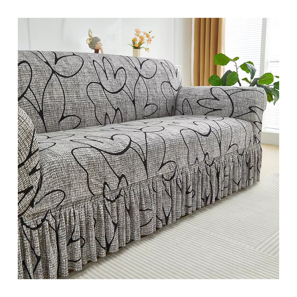 S-EMIGA Couchbezug mit Stretch-Blumenmuster in Grau, waschbarer Sofabezug als Möbelschutz für 1- bis 4-Sitzer, Ecksofas und Rocksofas - Bild 2