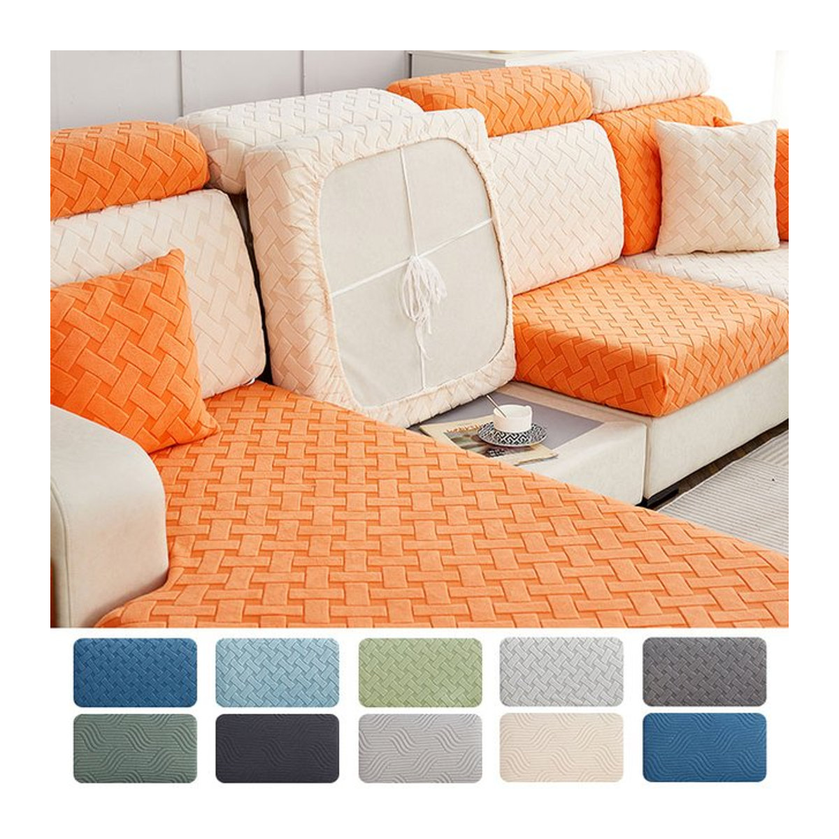 S-EMIGA Sofabezug aus Jacquard-Plüsch in Orange, elastischer und abnehmbarer Möbelschutz für dein Wohnzimmer - Bild 1