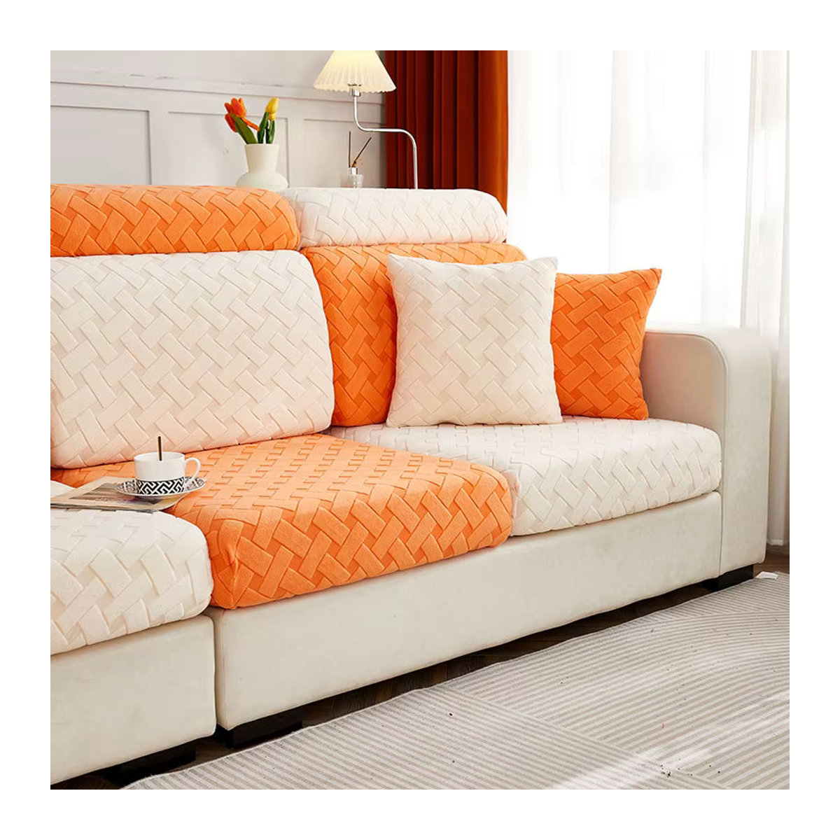 S-EMIGA Sofabezug aus Jacquard-Plüsch in Orange, elastischer und abnehmbarer Möbelschutz für dein Wohnzimmer - Bild 2