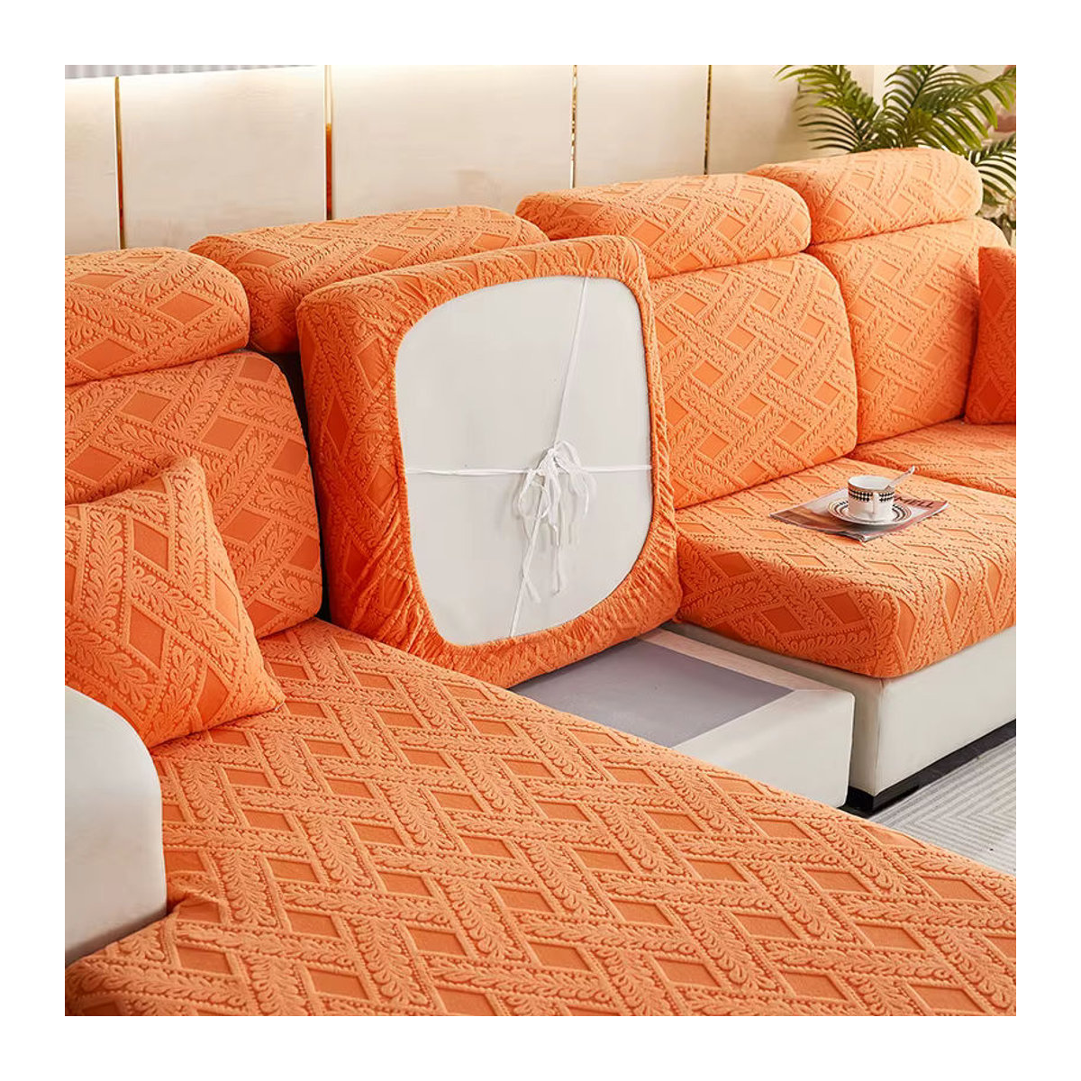 S-EMIGA Sofabezug aus Jacquard-Plüsch in Orange, elastischer und abnehmbarer Möbelschutz für dein Wohnzimmer - Bild 3