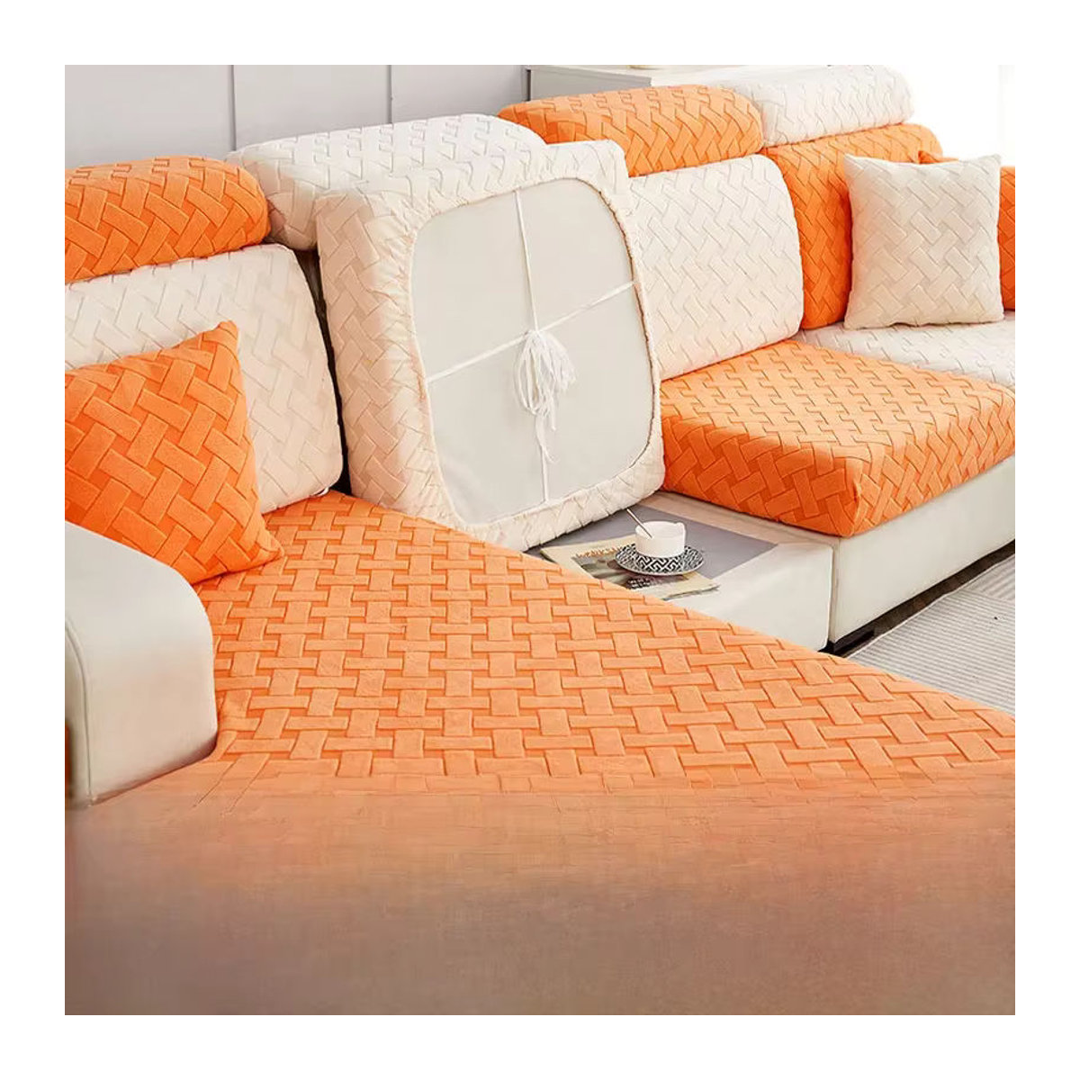 S-EMIGA Sofabezug aus Jacquard-Plüsch in Orange, elastischer und abnehmbarer Möbelschutz für dein Wohnzimmer - Bild 4