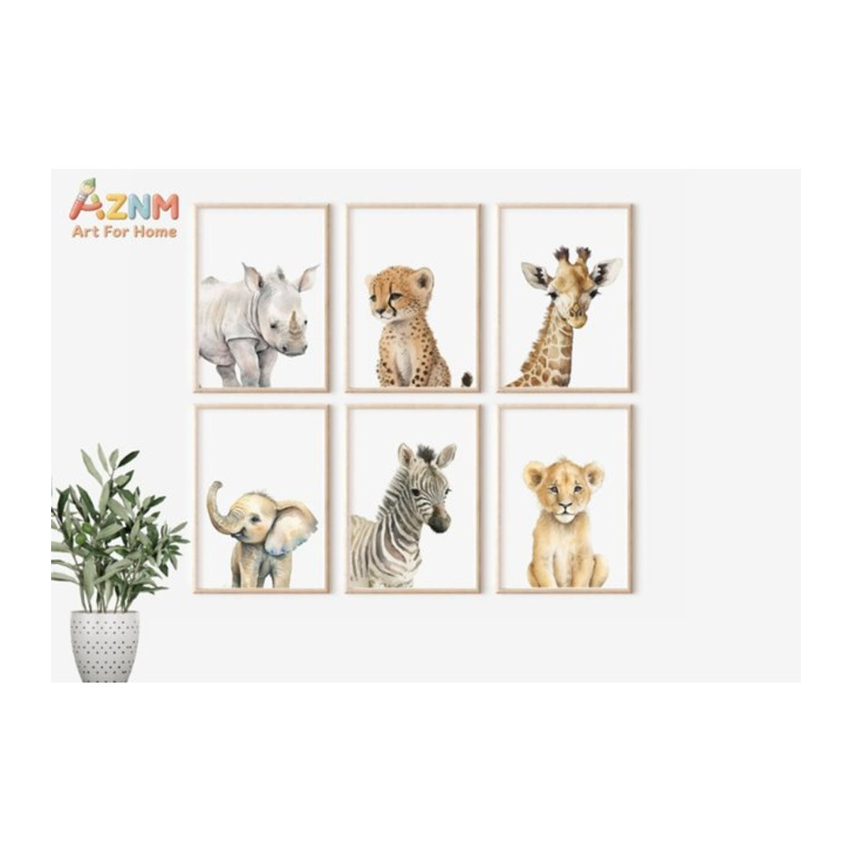 Safari-Tier Kinderzimmerdrucke von AZNM in skandinavischem Design mit Dschungeltier-Motiven auf weißem Papier für die Wandmontage - Bild 1