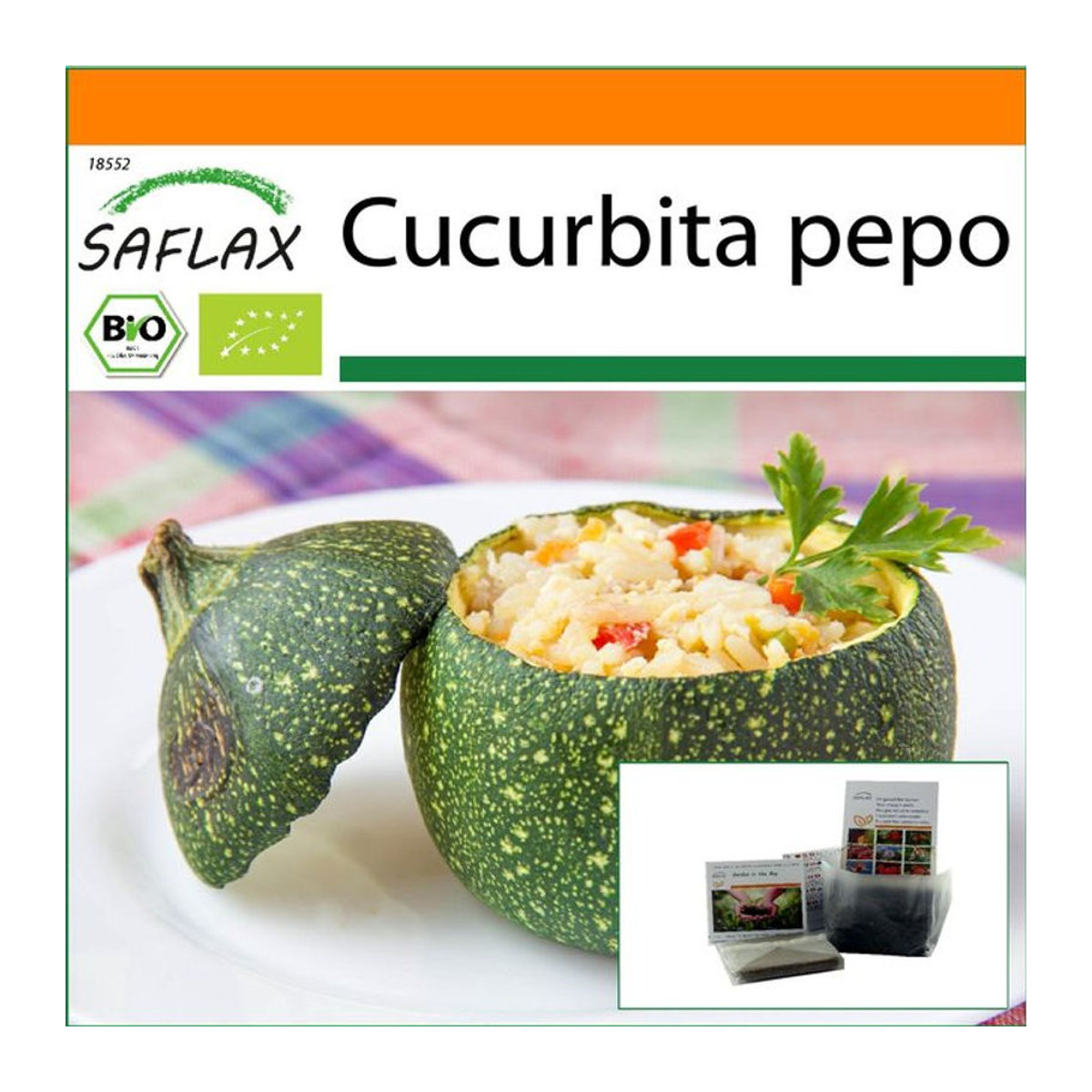 SAFLAX Biologisches Courgette Tondo di Nizza Saatgut Set mit Substrat und passendem Pflanzbeutel (5 Samen) - Bild 1