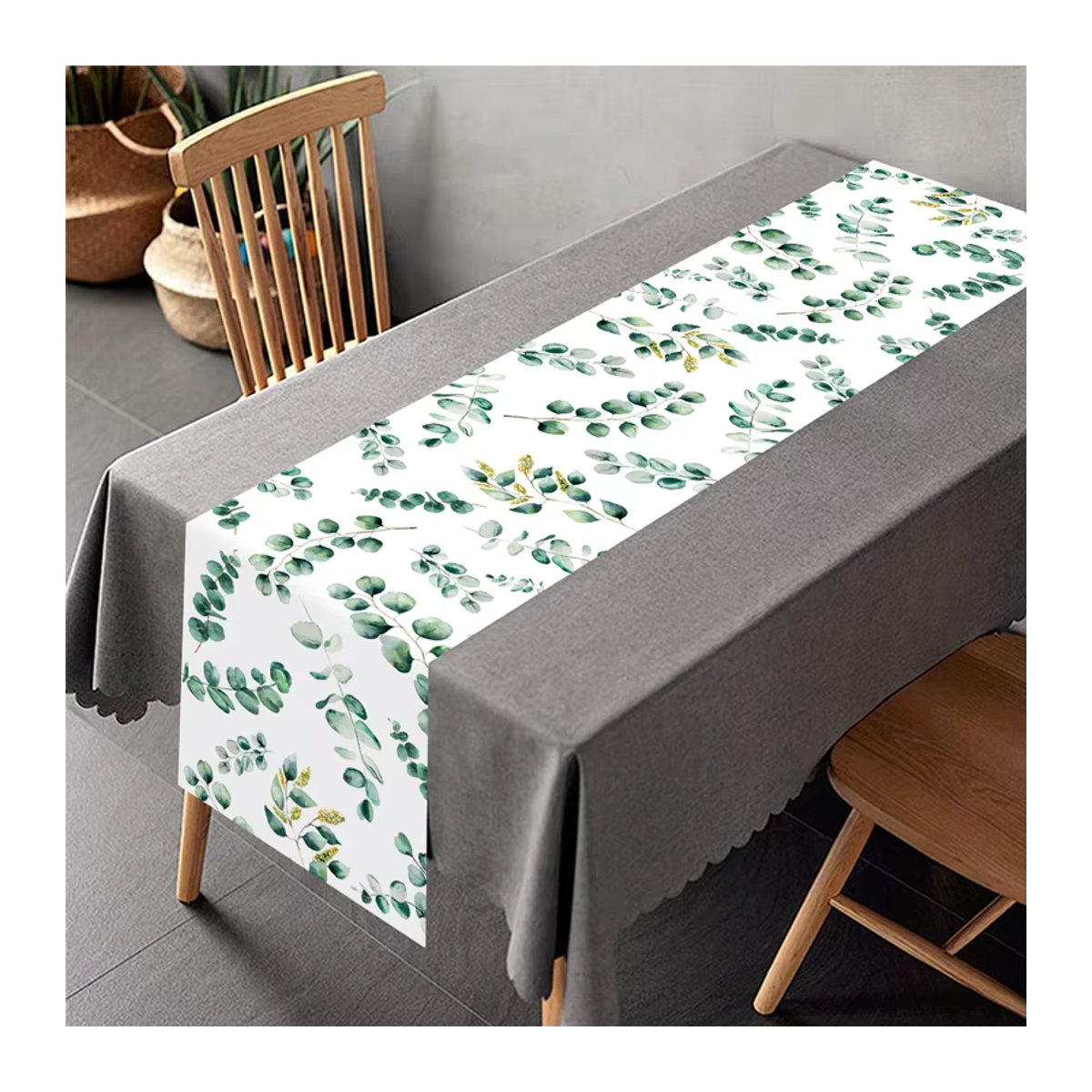 Salbeigrüner Tischläufer mit Eukalyptusblatt-Design aus Polyester für deine Tischdekoration in Grün und Weiß - Bild 2