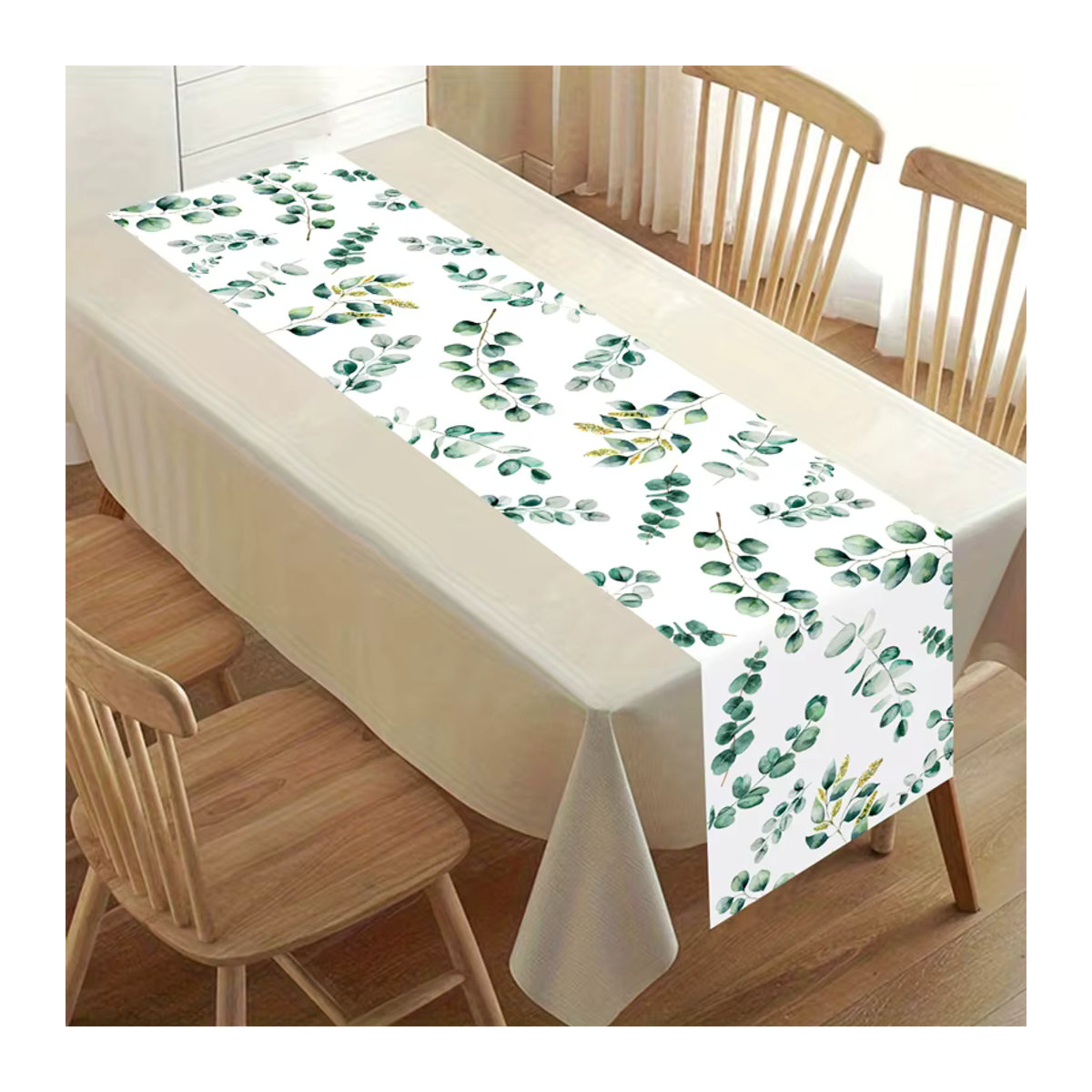 Salbeigrüner Tischläufer mit Eukalyptusblatt-Design aus Polyester für deine Tischdekoration in Grün und Weiß - Bild 3