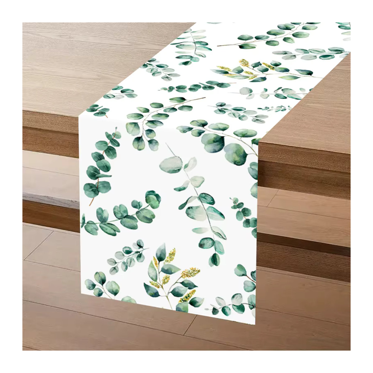 Salbeigrüner Tischläufer mit Eukalyptusblatt-Design aus Polyester für deine Tischdekoration in Grün und Weiß - Bild 4