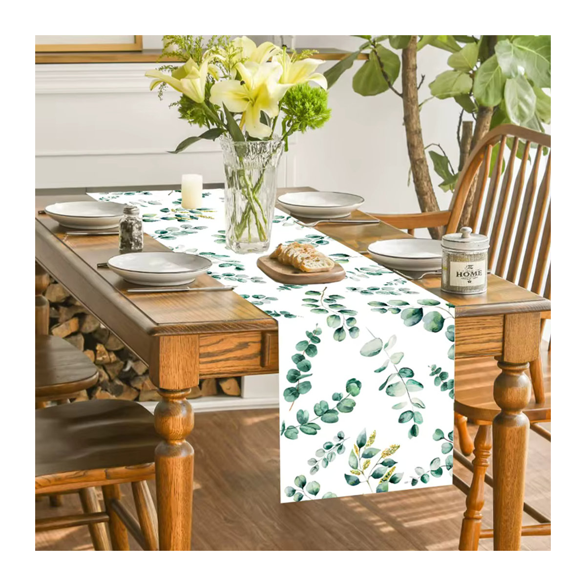 Salbeigrüner Tischläufer mit Eukalyptusblatt-Design aus Polyester für deine Tischdekoration in Grün und Weiß - Bild 5