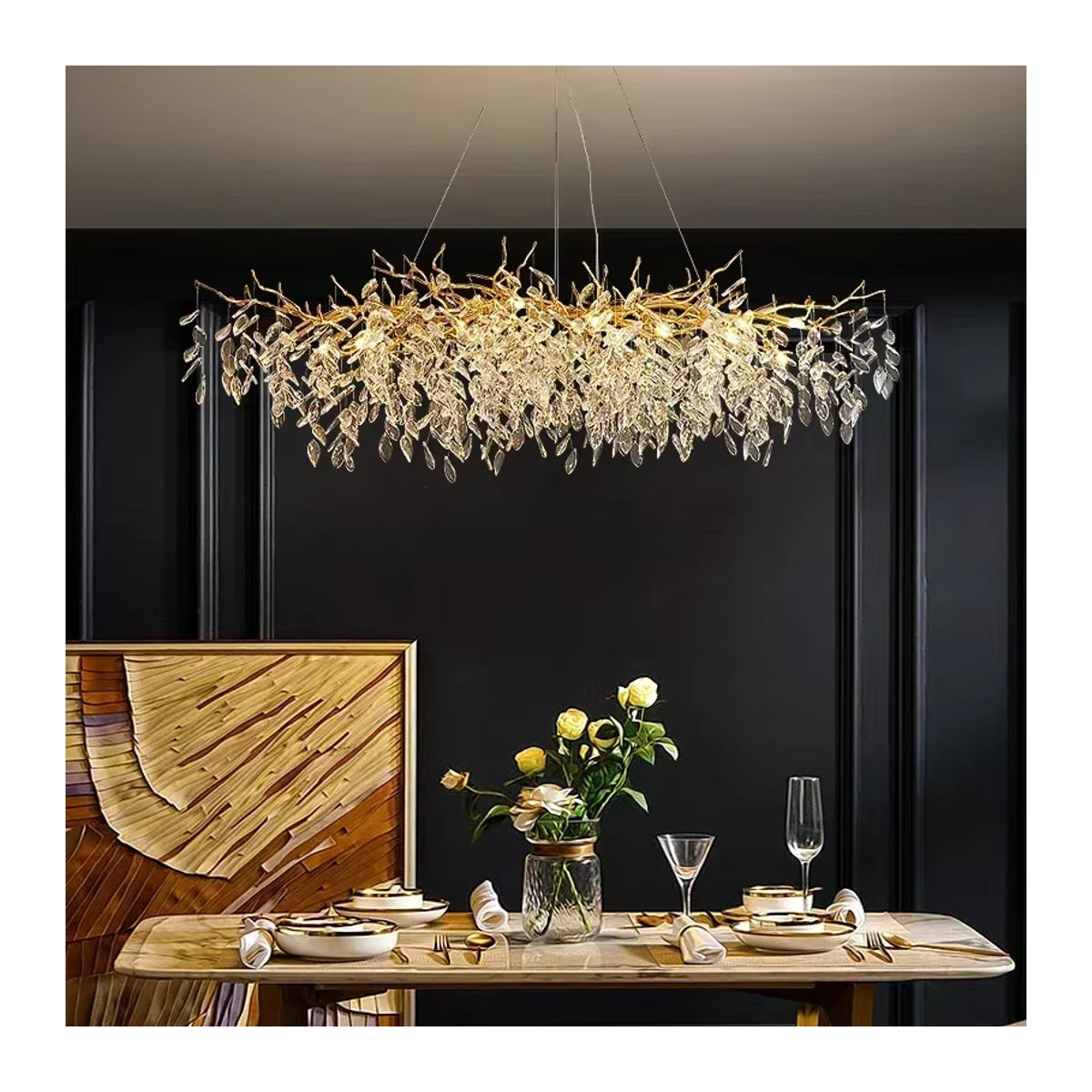 SaloEElaitte Kristall-LED-Kronleuchter in Gold mit Glas-Elementen und E14 Fassung für dein Esszimmer - Bild 2