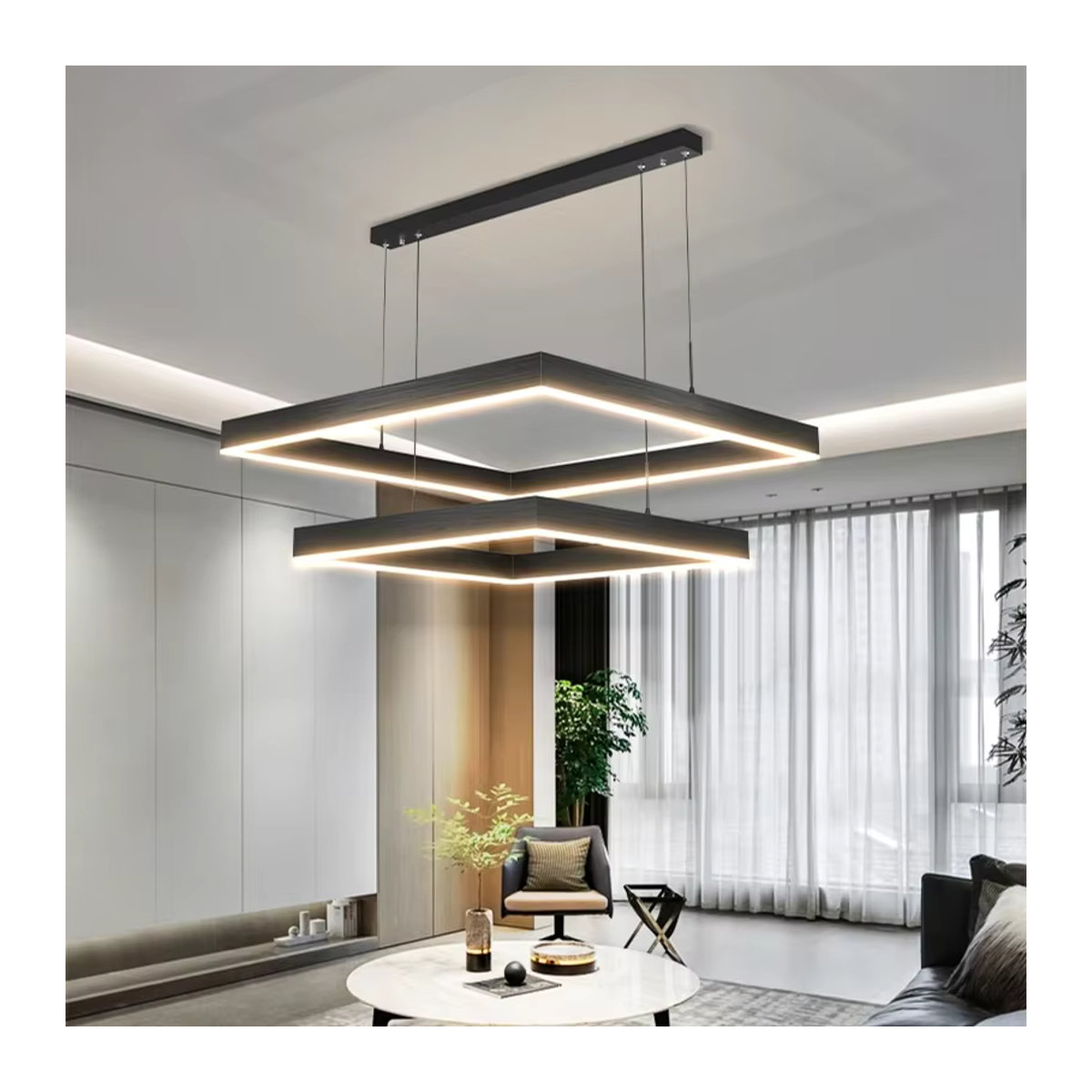 SaloEElaitte LED Kronleuchter Quadratisch in Schwarz mit Leder und Aluminium, Dimmbar mit Fernbedienung, Neutralweiß - Bild 2
