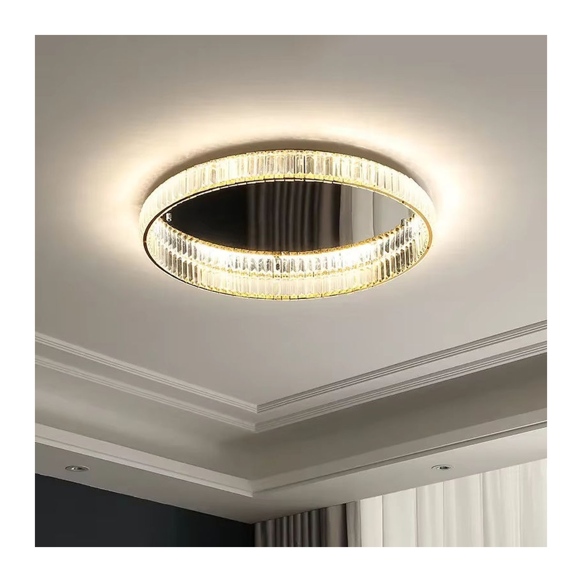 SaloEElaitte Moderne LED Deckenleuchte aus Glas und Stahl in Gold mit Kristall-Design und Dimmfunktion - Bild 2
