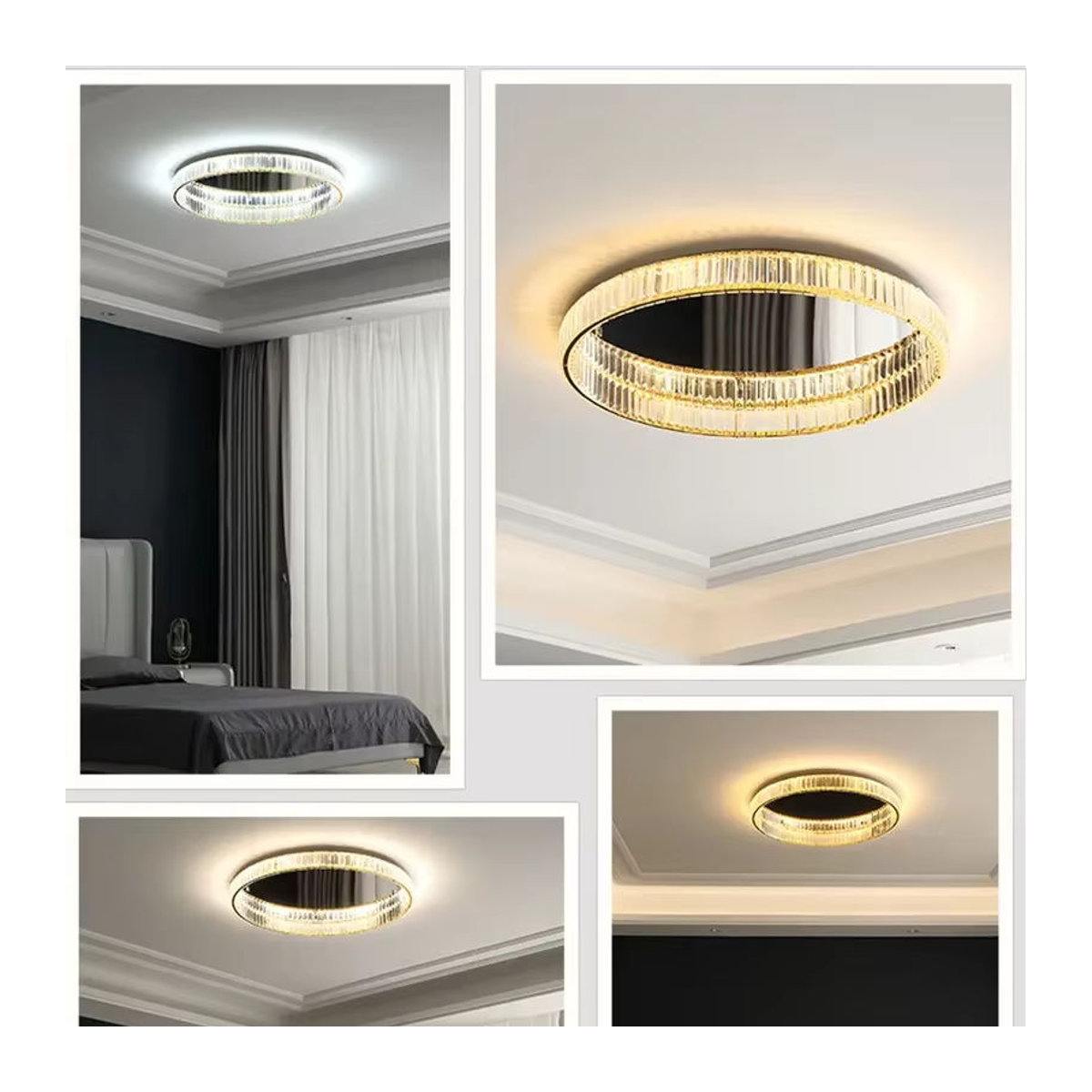 SaloEElaitte Moderne LED Deckenleuchte aus Glas und Stahl in Gold mit Kristall-Design und Dimmfunktion - Bild 4