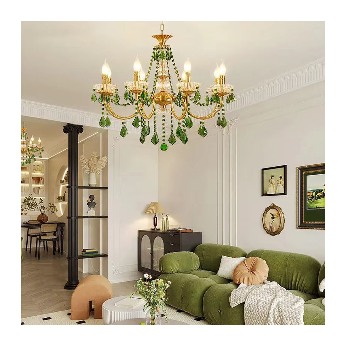 SaloEElaitte Retro Kronleuchter aus Kupfer und Metall in Grün mit Kristall-Design für Wohnzimmer und Esszimmer, E14 Pendelleuchte - Bild 2