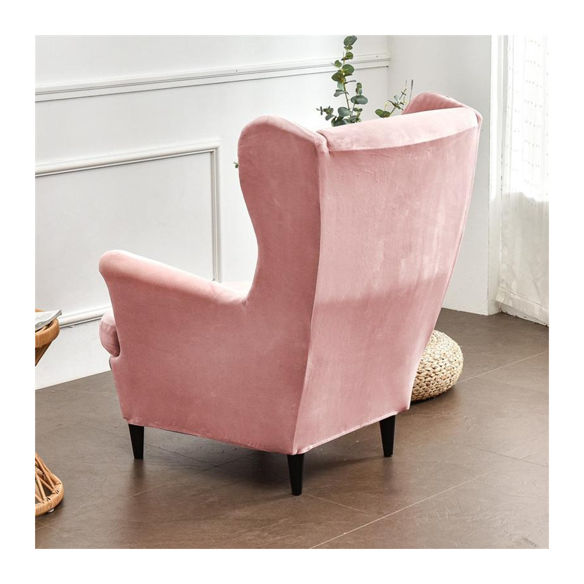 Samt-Flügelsesselbezug aus Stretch-Spandex von A Family Of Home Textiles in Rosa, abnehmbarer Ohrensesselbezug mit Sitzkissenbezug und Fußhockerbezug - Bild 1