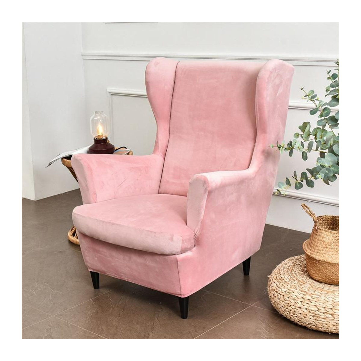 Samt-Flügelsesselbezug aus Stretch-Spandex von A Family Of Home Textiles in Rosa, abnehmbarer Ohrensesselbezug mit Sitzkissenbezug und Fußhockerbezug - Bild 3