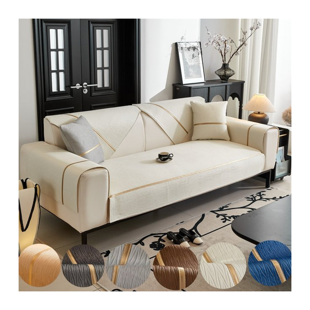 Samt Sofa Bezug mit geprägter Textur in Weiß und Creme als rutschfester Schonbezug und Schutz für Kinder und Haustiere - Bild 1