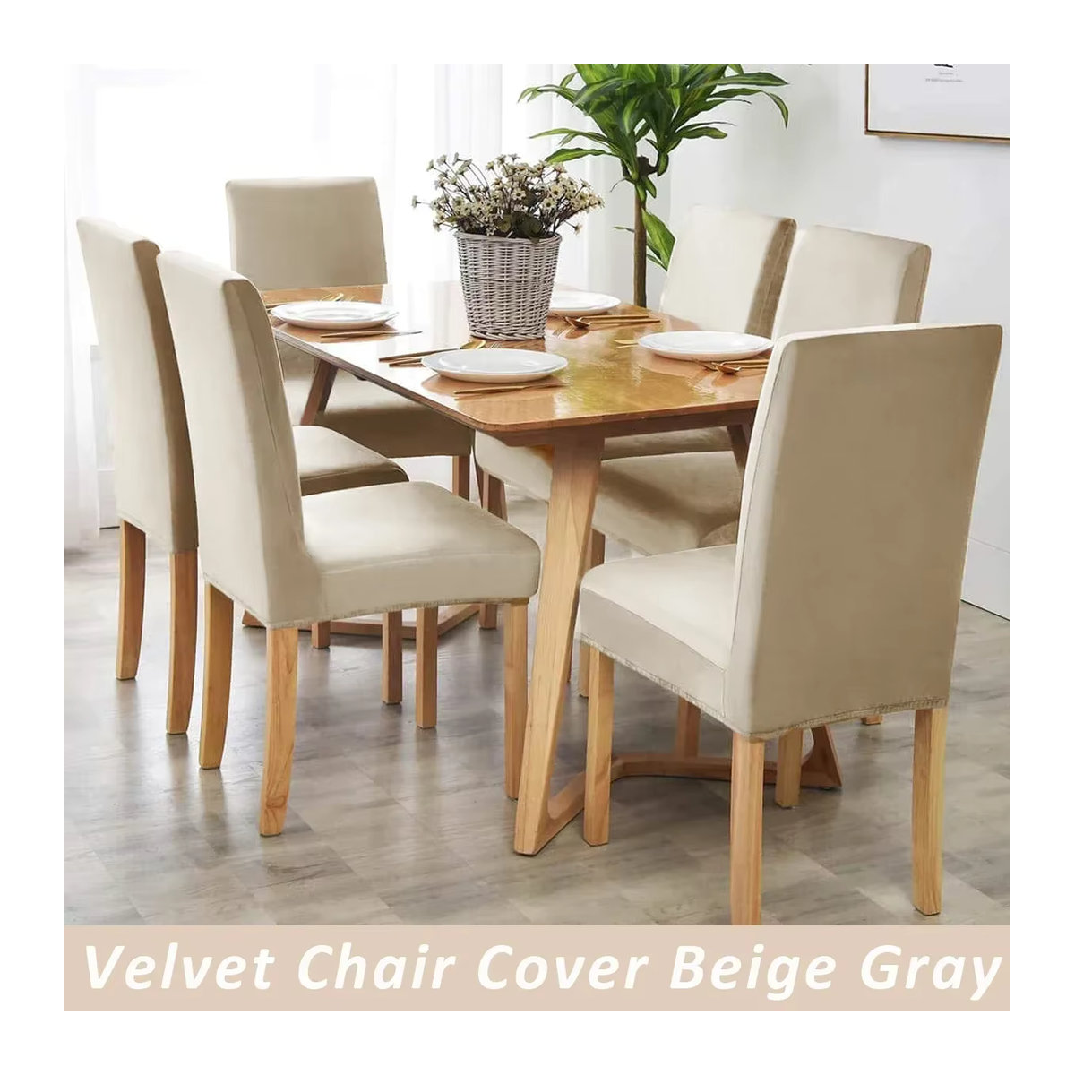 Samt-Stuhlbezug aus Spandex-Stretch für dein Esszimmer in Grau oder Beige - Bild 2