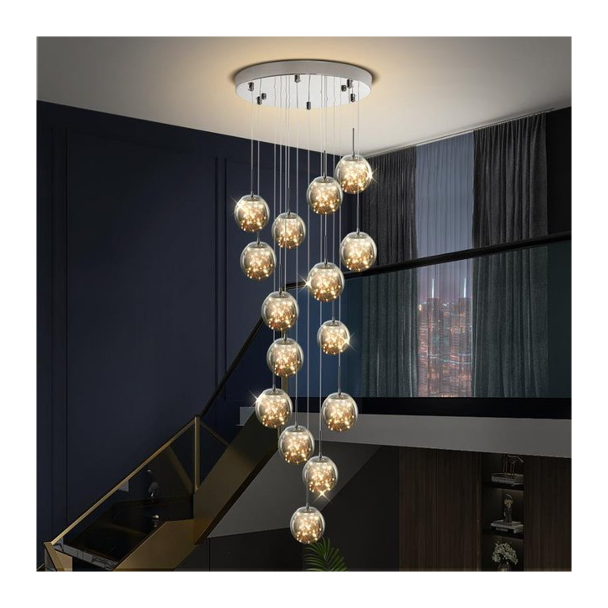SANDYHA Moderner LED Kronleuchter mit Glas-Elementen und Leder-Details in Gold und Chrom, dimmbar - Bild 1