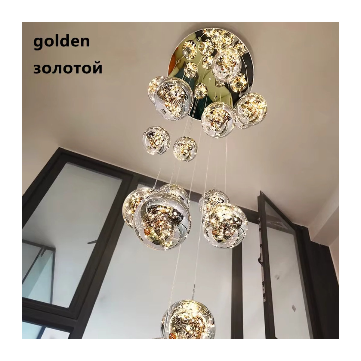 SANDYHA Moderner LED Kronleuchter mit Glas-Elementen und Leder-Details in Gold und Chrom, dimmbar - Bild 2