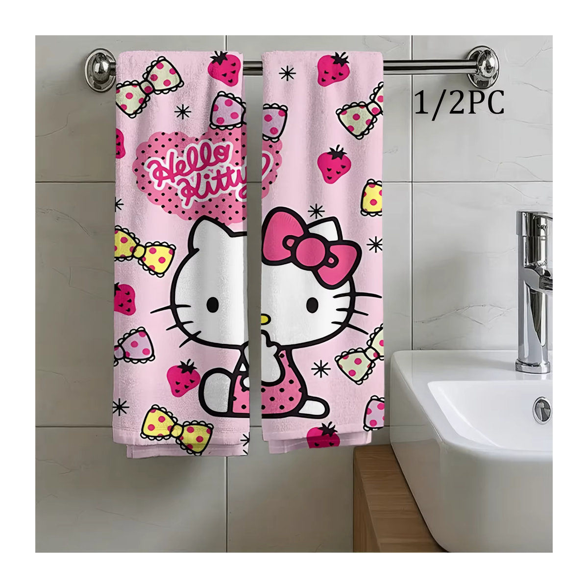 Sanrio 2-teiliges Handtuch-Set mit Hello Kitty und Bärenmuster in Rosa, saugfähige Fingertücher für Küche und Badezimmer - Bild 2