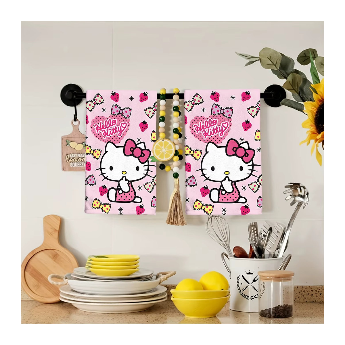 Sanrio 2-teiliges Handtuch-Set mit Hello Kitty und Bärenmuster in Rosa, saugfähige Fingertücher für Küche und Badezimmer - Bild 4