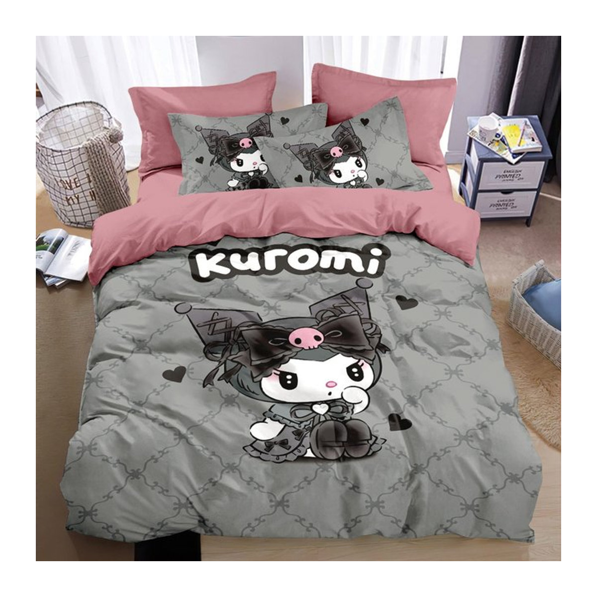Sanrio Bettwäsche-Set mit Kuromi und My Melody 3D-Druck in Grau - Bild 1