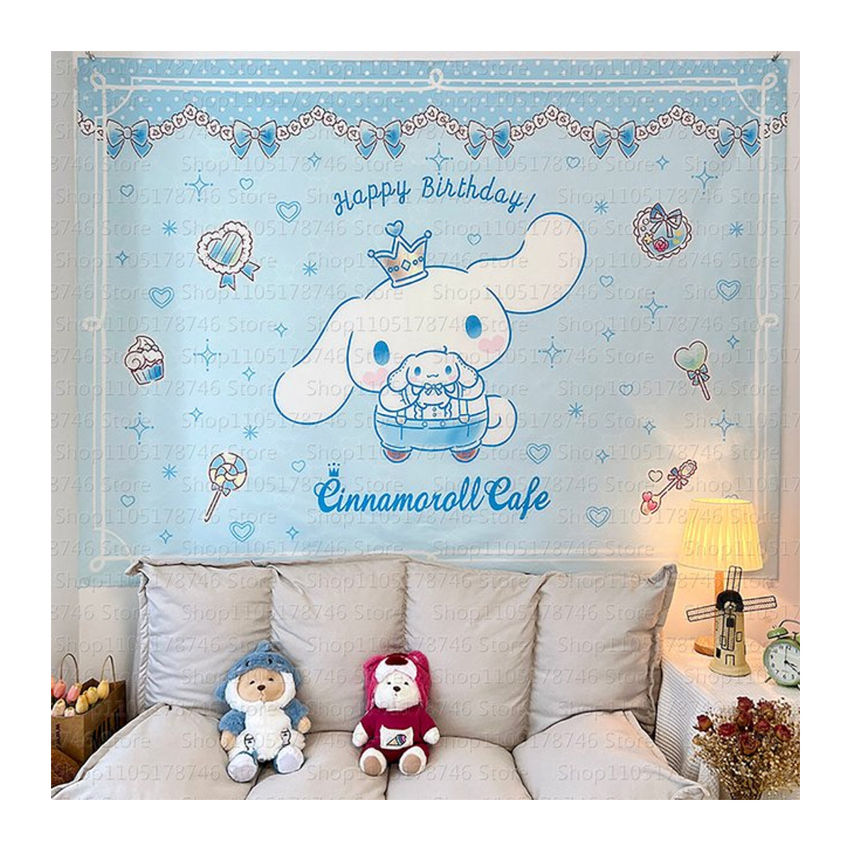Sanrio Cinnamoroll Wandbehang Blau, Rechteckiger Wandteppich für Schlafzimmer und Wohnheim, B: 60 cm, H: 40 cm, T: 40 cm - Bild 1