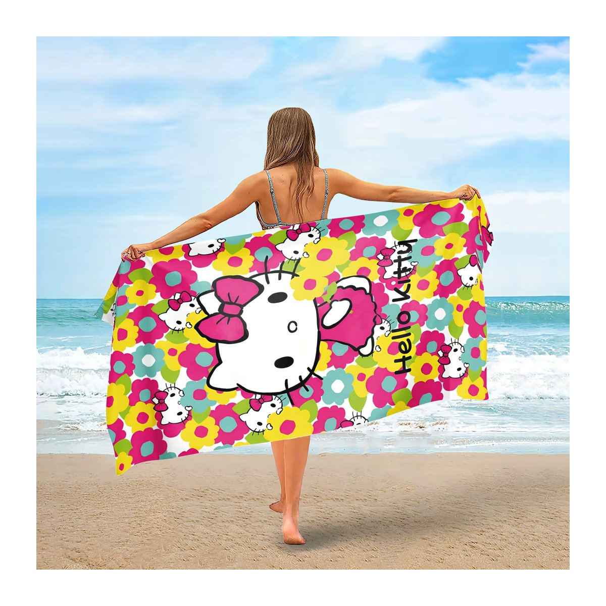 Sanrio Hello Kitty Bade- und Strandtuch aus weicher Mikrofaser mit niedlichem Gesichtsdruck, mehrfarbig und super saugfähig - Bild 2