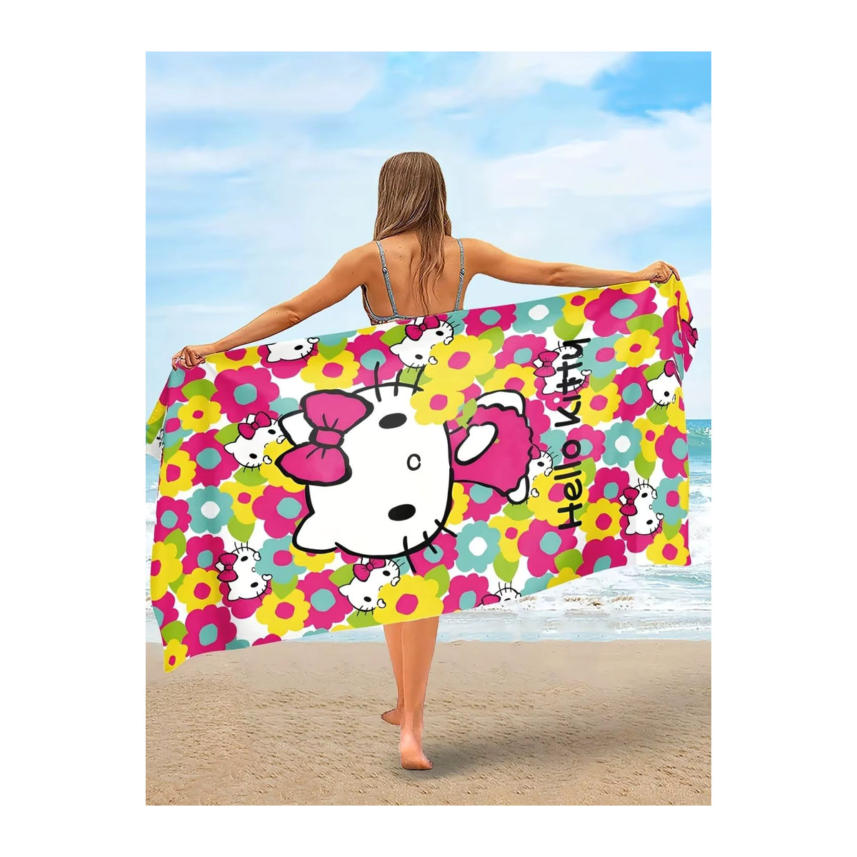 Sanrio Hello Kitty Bade- und Strandtuch aus weicher Mikrofaser mit niedlichem Gesichtsdruck, mehrfarbig und super saugfähig - Bild 3