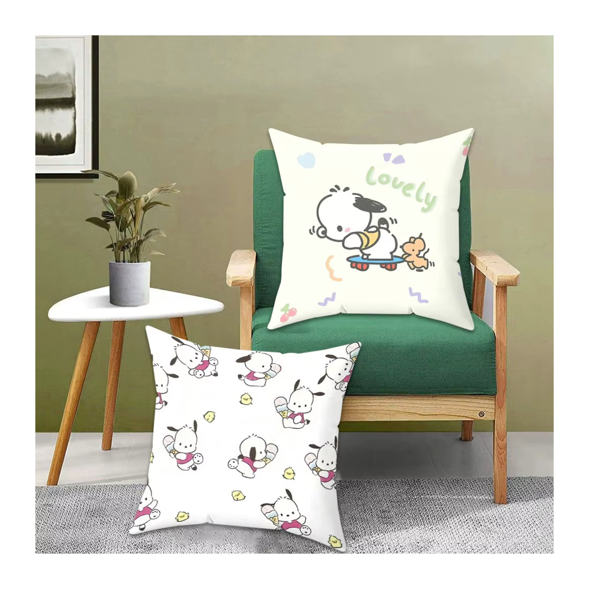 Sanrio Pochacco Kissenbezug in Weiß, dekoratives Kawaii Sofakissen, B/H: 45 x 45 cm - Bild 2
