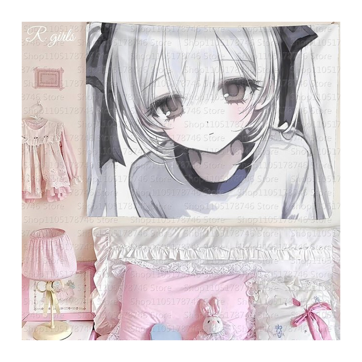 Sanrio Wandteppich im japanischen Stil für Schlafzimmer und Wohnheim, weiß, B/H: 60 x 40 cm - Bild 1