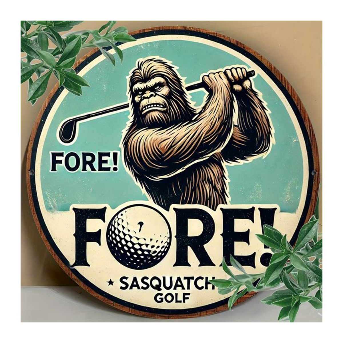Sasquatch Golf Metall-Wandkunstschild im Vintage-Stil von Potdemiel, quadratisch, mehrfarbig, B/H: 20,32 x 20,32 cm - Bild 1